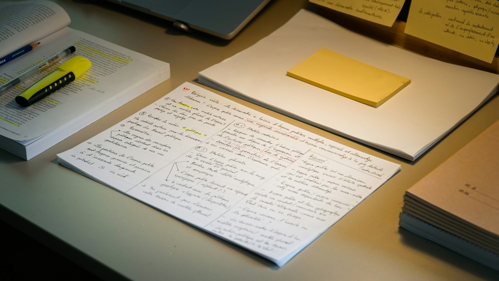 A stapled employment agreement open on a table beside a mug and a pen
